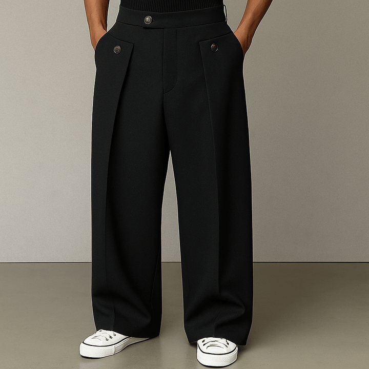 Pleated men's wide-leg chinos, relaxed fit for comfortable everyday wear. Smart casual bottoms.