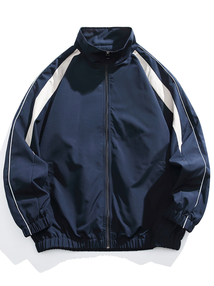 Stylish men's athletic windbreaker jacket with full zip & stand-up collar. Ideal lightweight outerwear for active men.