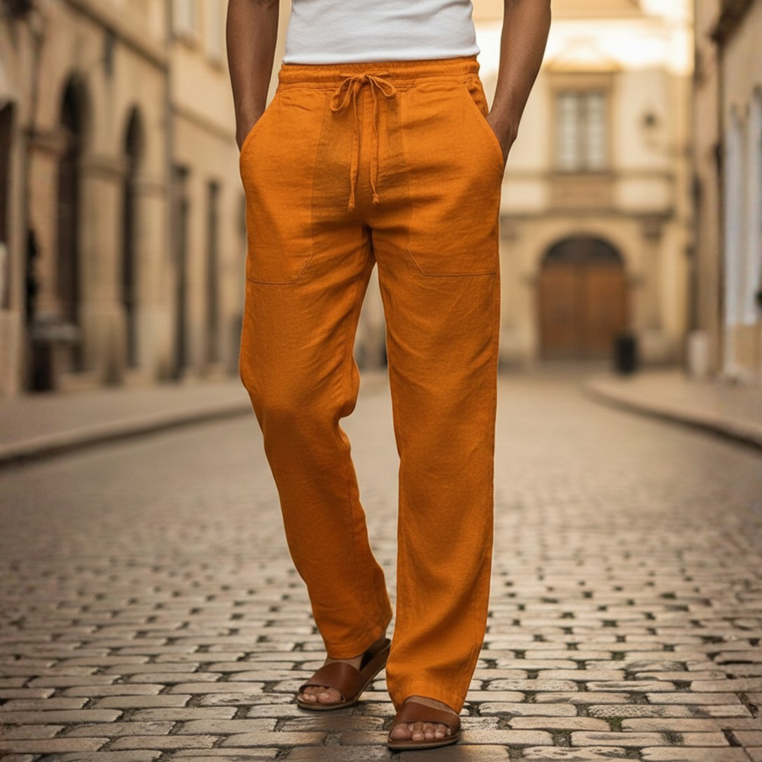 Mens casual linen drawstring trousers. Baggy & lightweight, ideal for summer style.