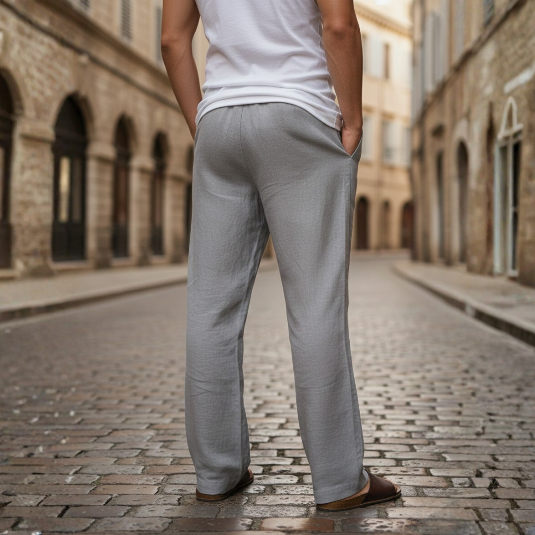 Casual mens summer linen drawstring pants. Breathable & comfortable for warm days.