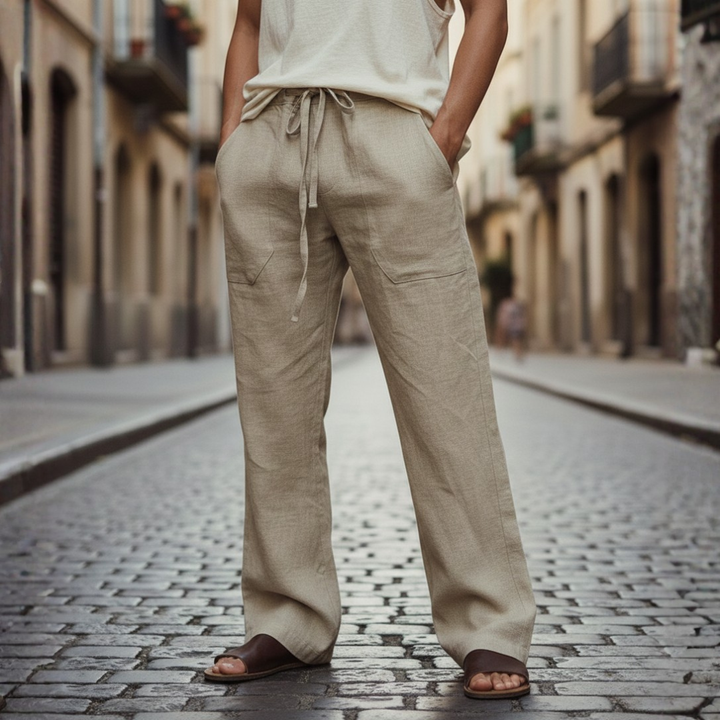 Comfortable mens linen drawstring trousers. Ideal for relaxed summer outings & leisure.