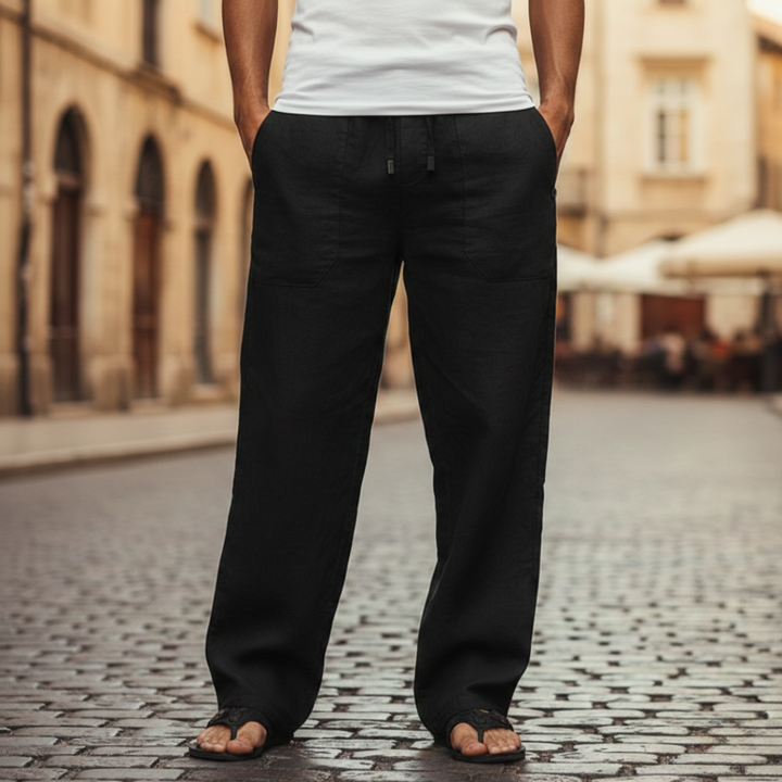 Mens lightweight linen drawstring trousers. Essential baggy pants for summer casual style.