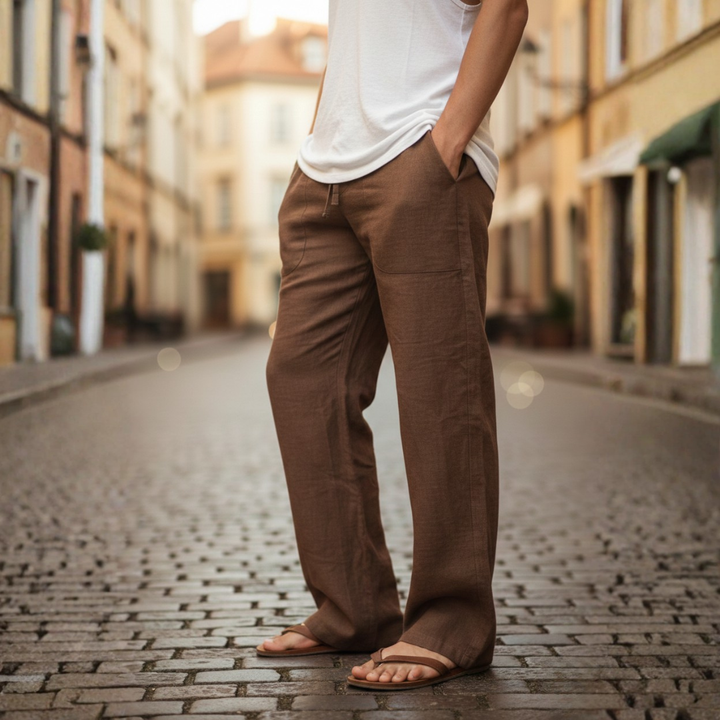 Baggy mens linen trousers with drawstring. Perfect for casual summer relaxation.