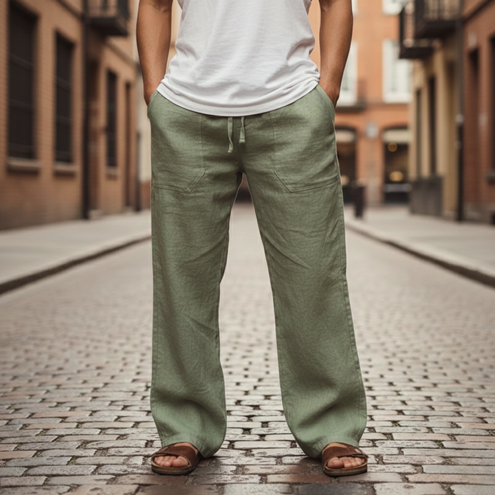 Relaxed fit mens linen drawstring pants. Lightweight & comfortable for warm weather.