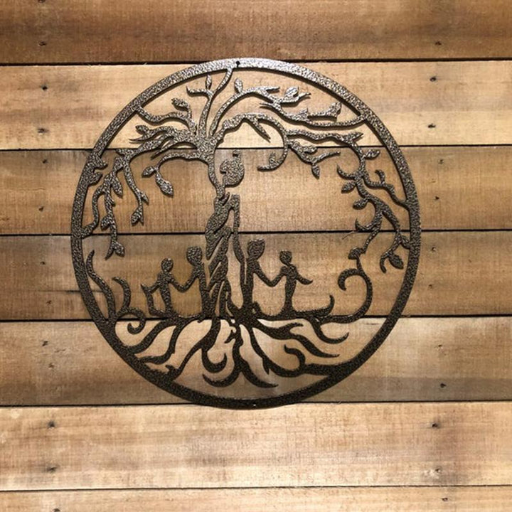 Ornate metal Tree of Life wall art, black finish, 'family bond' theme, unique home decoration piece