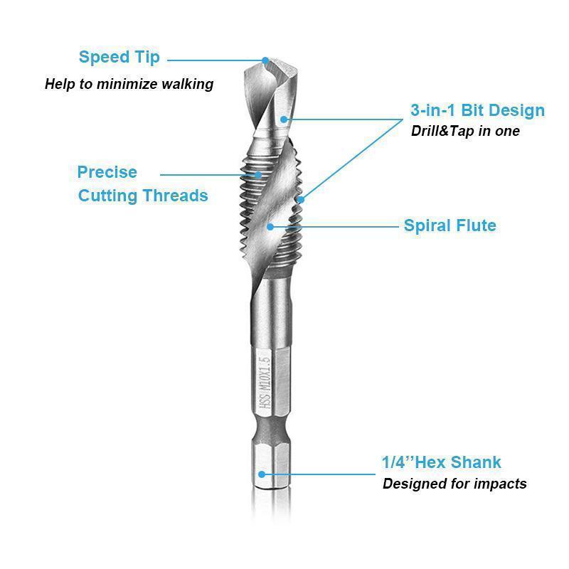 Metalworking metric tap and drill bit set made of high-speed steel