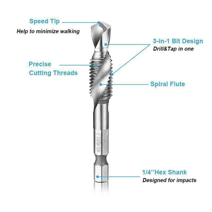 Metalworking metric tap and drill bit set made of high-speed steel