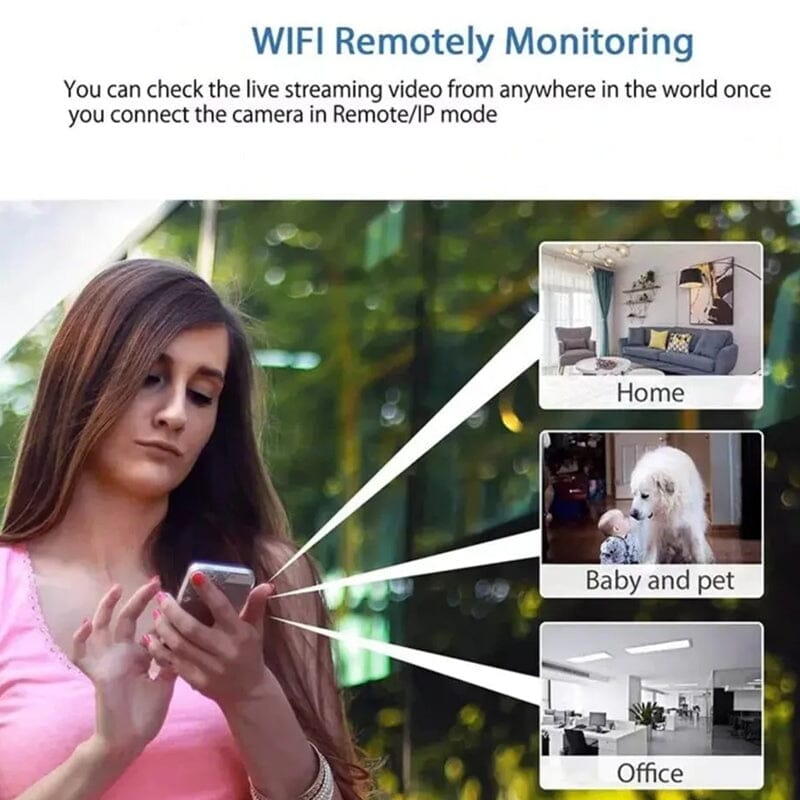 Portable 1080P security camera, WiFi enabled, offering clear video for pet and home monitoring.