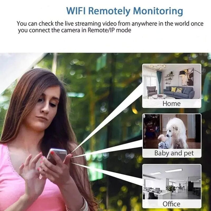 Portable 1080P security camera, WiFi enabled, offering clear video for pet and home monitoring.