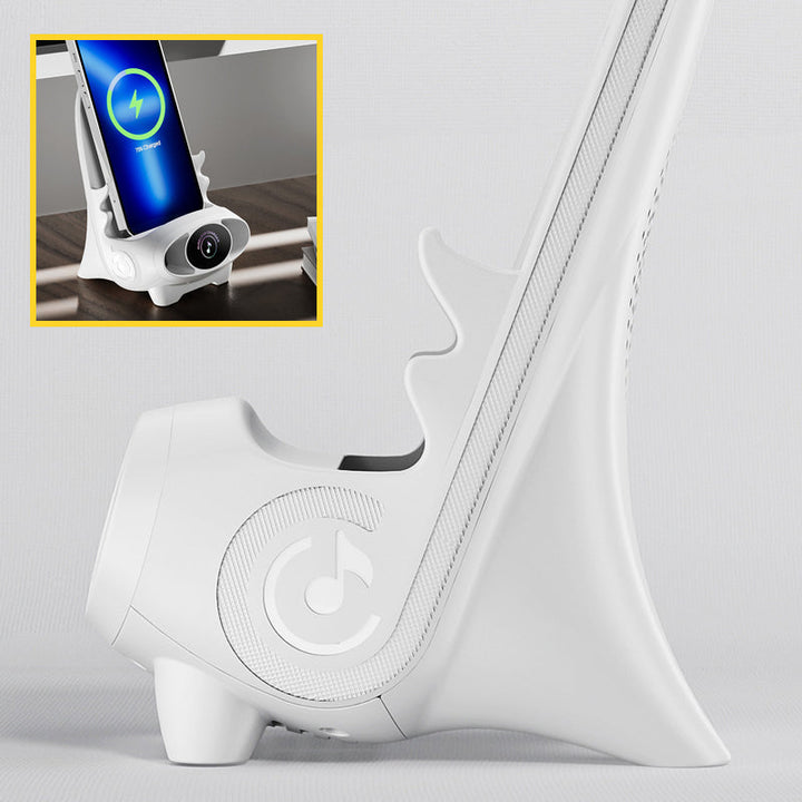 Black Mini Chair 15W wireless charger, phone stand, and sound amplifier for your desk.
