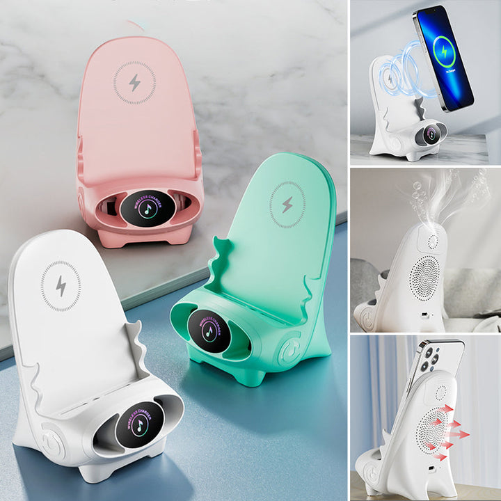 Dual-function Mini Chair: 15W wireless fast charger and phone stand with sound amplifier.