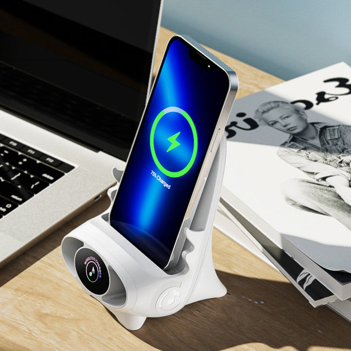 Compact Mini Chair wireless charger, desktop phone holder with fast charging capability.
