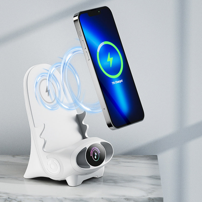 Desktop Mini Chair offering 15W wireless fast charging, phone stand, and sound amplification.