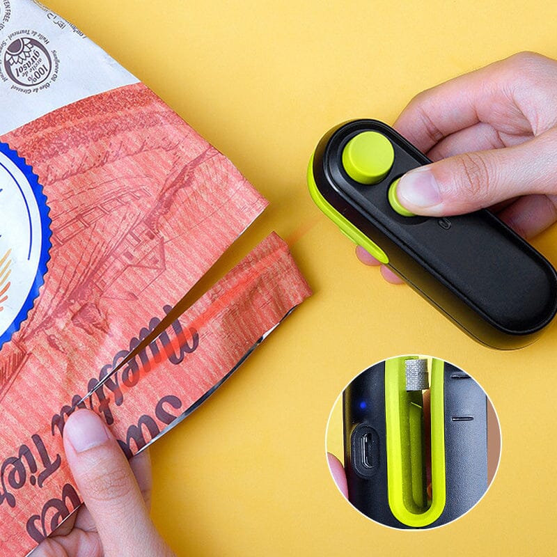 Detailed shot of the USB charging port on the mini portable bag sealer with cutter for food storage