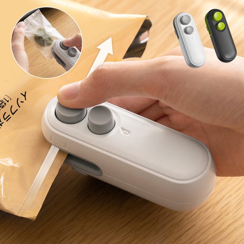 The mini handheld bag sealer with cutter next to various food items, highlighting its food preservation role
