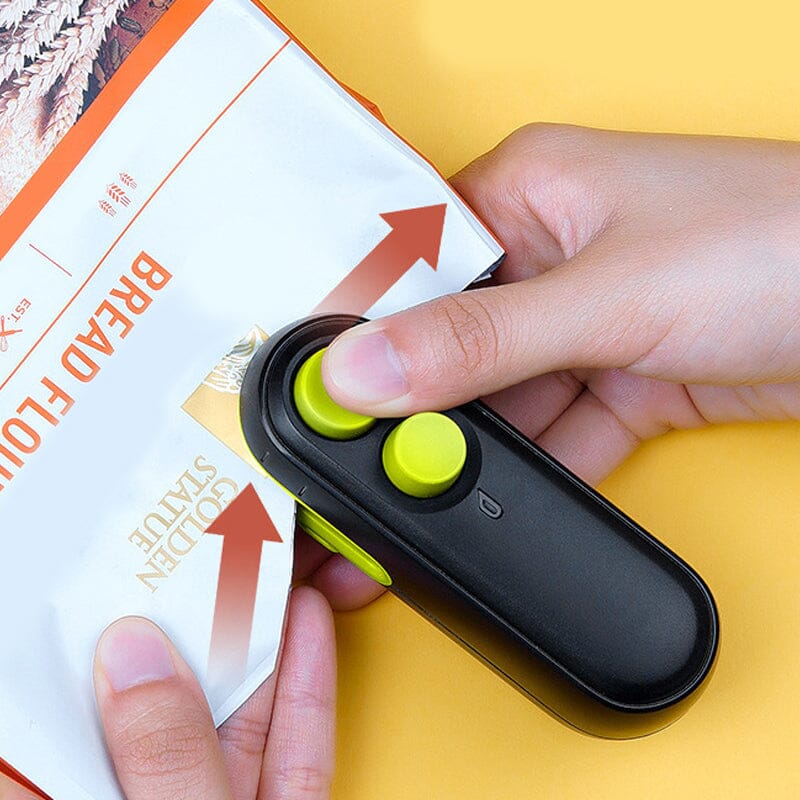 High-angle view of the mini USB rechargeable bag sealer, showcasing its portable and efficient design