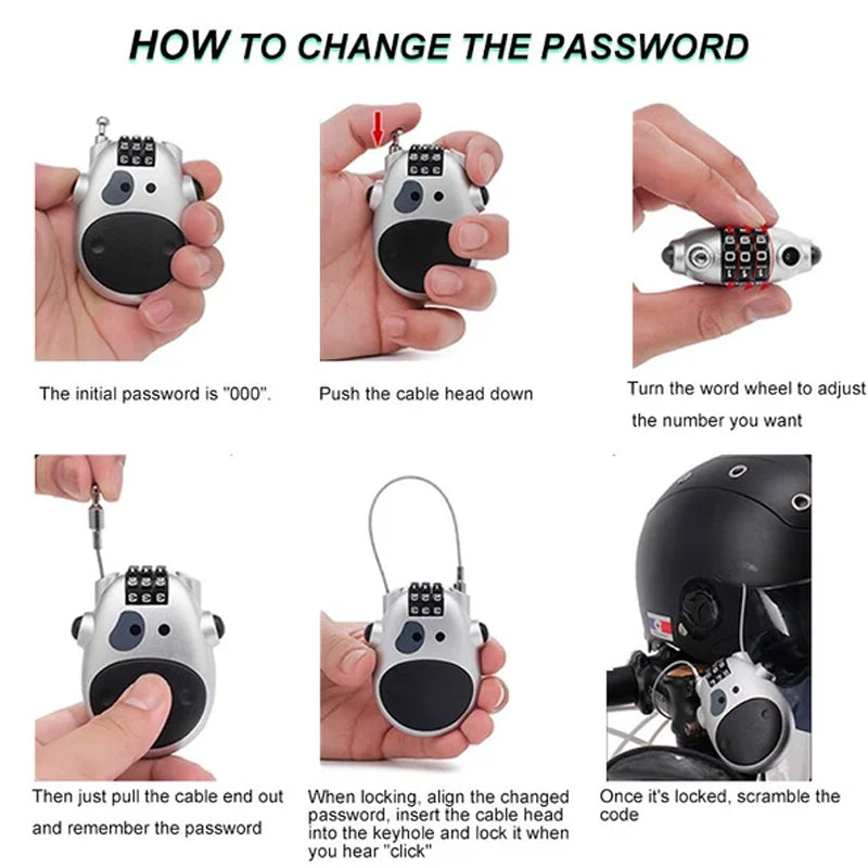 Compact wire security lock with black casing, easily fits into pockets or bags