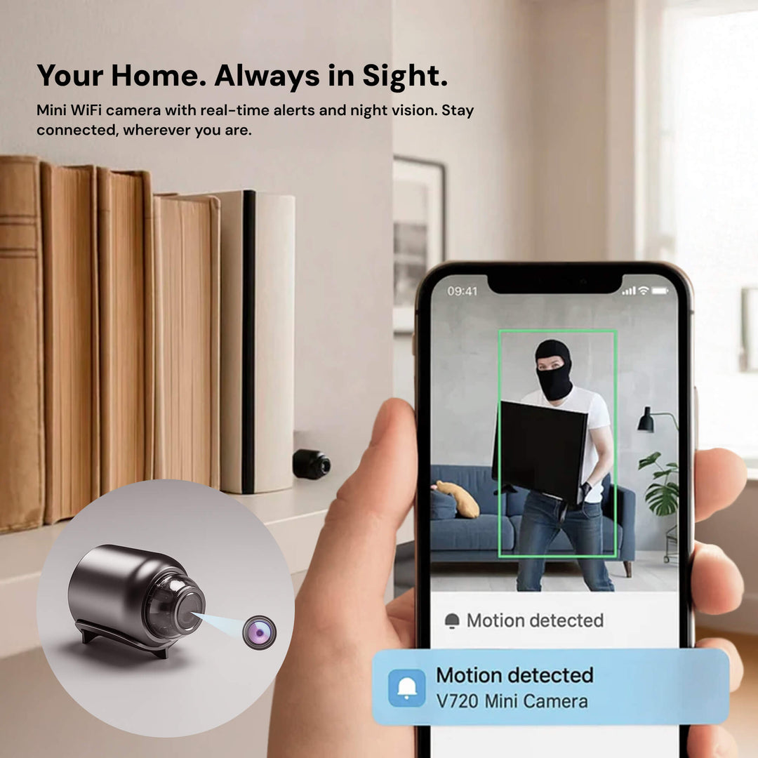 Tiny wireless security camera with audio, perfect for discreet home surveillance & nanny monitoring.