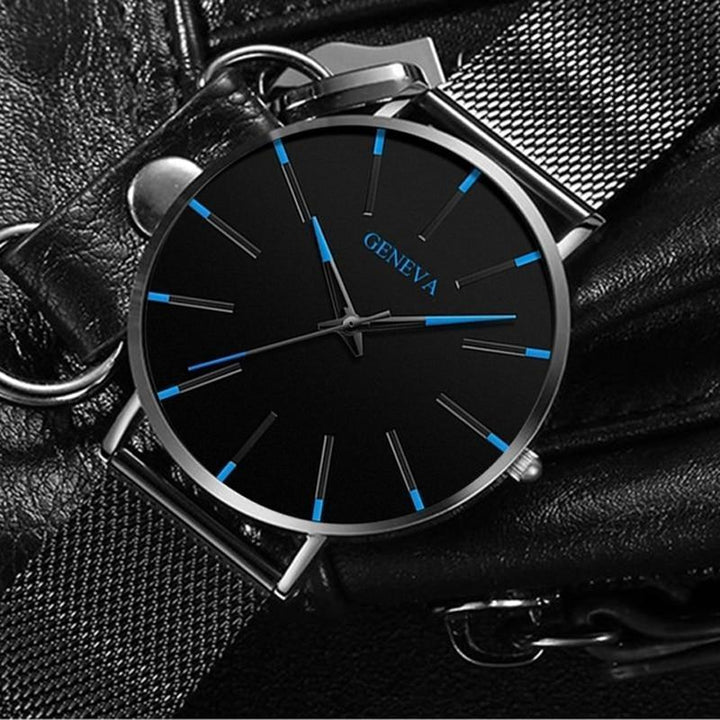 Timeless men's minimalist watch. Black dial, durable eco-friendly vegan leather strap, quartz movement.