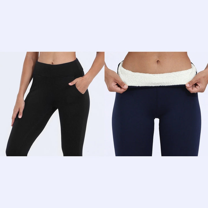 Product flat lay of women's thermal winter leggings, showcasing the full length and material