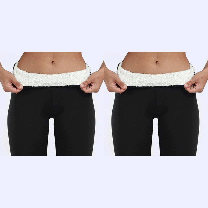 Close-up on plush interior of women's warm high-waisted leggings, excellent for cold weather