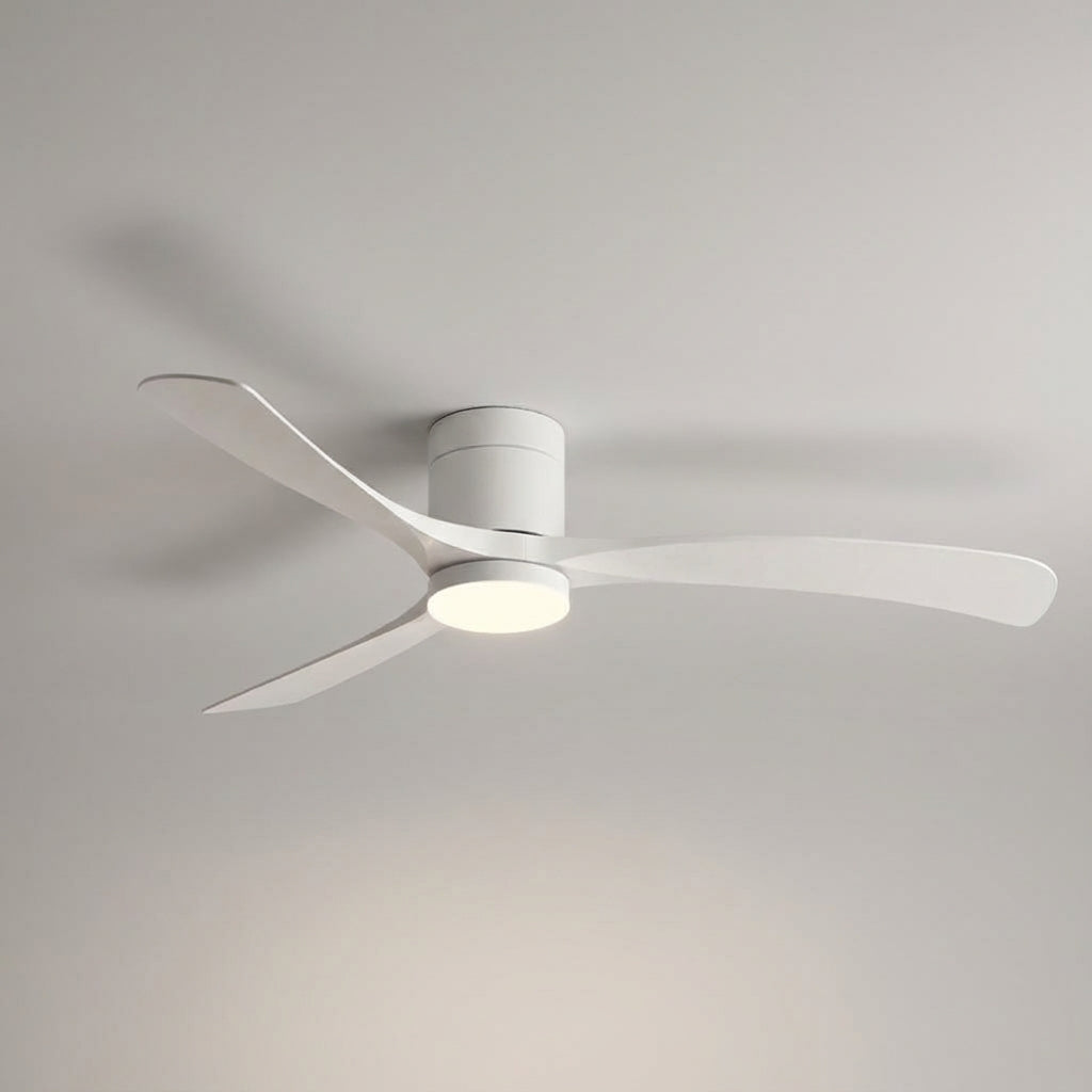 Sleek modern ceiling fan with LED light. Quiet operation, remote control for efficient air circulation.
