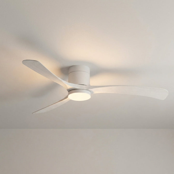 Modern ceiling fan featuring quiet motor, integrated LED light, and remote control for comfort.