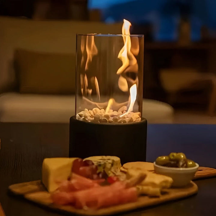 Portable smokeless tabletop fireplace, providing cozy ambiance and warmth for modern indoor & outdoor living.