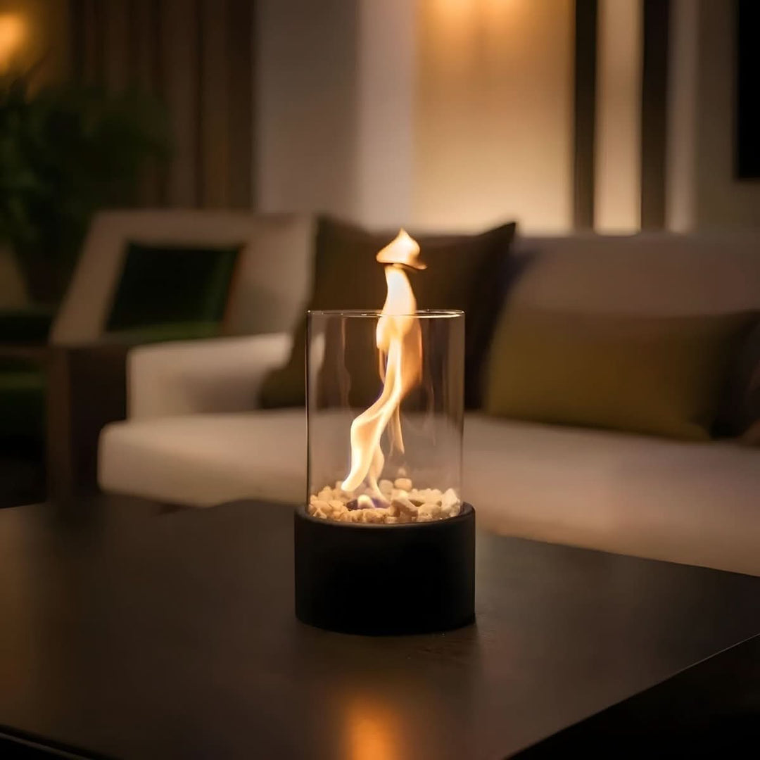 Elegant white bioethanol tabletop fireplace, a smoke-free centerpiece for sophisticated indoor decor.