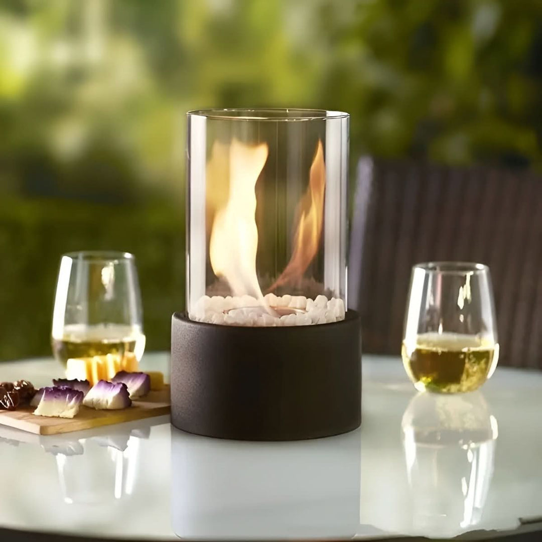 Close-up of a smoke-free bioethanol tabletop fireplace, highlighting its modern design for home decor.