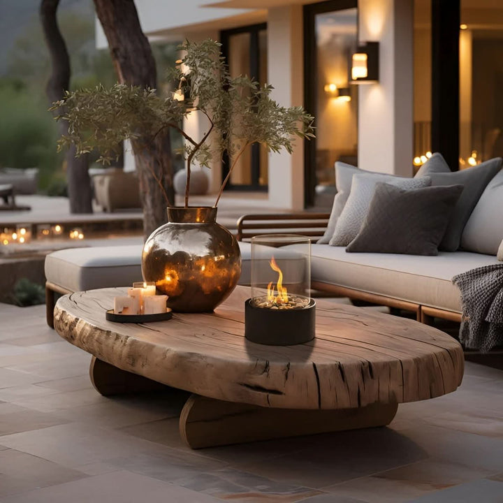 Portable tabletop fireplace for outdoor living, offering smokeless warmth and modern decorative appeal.