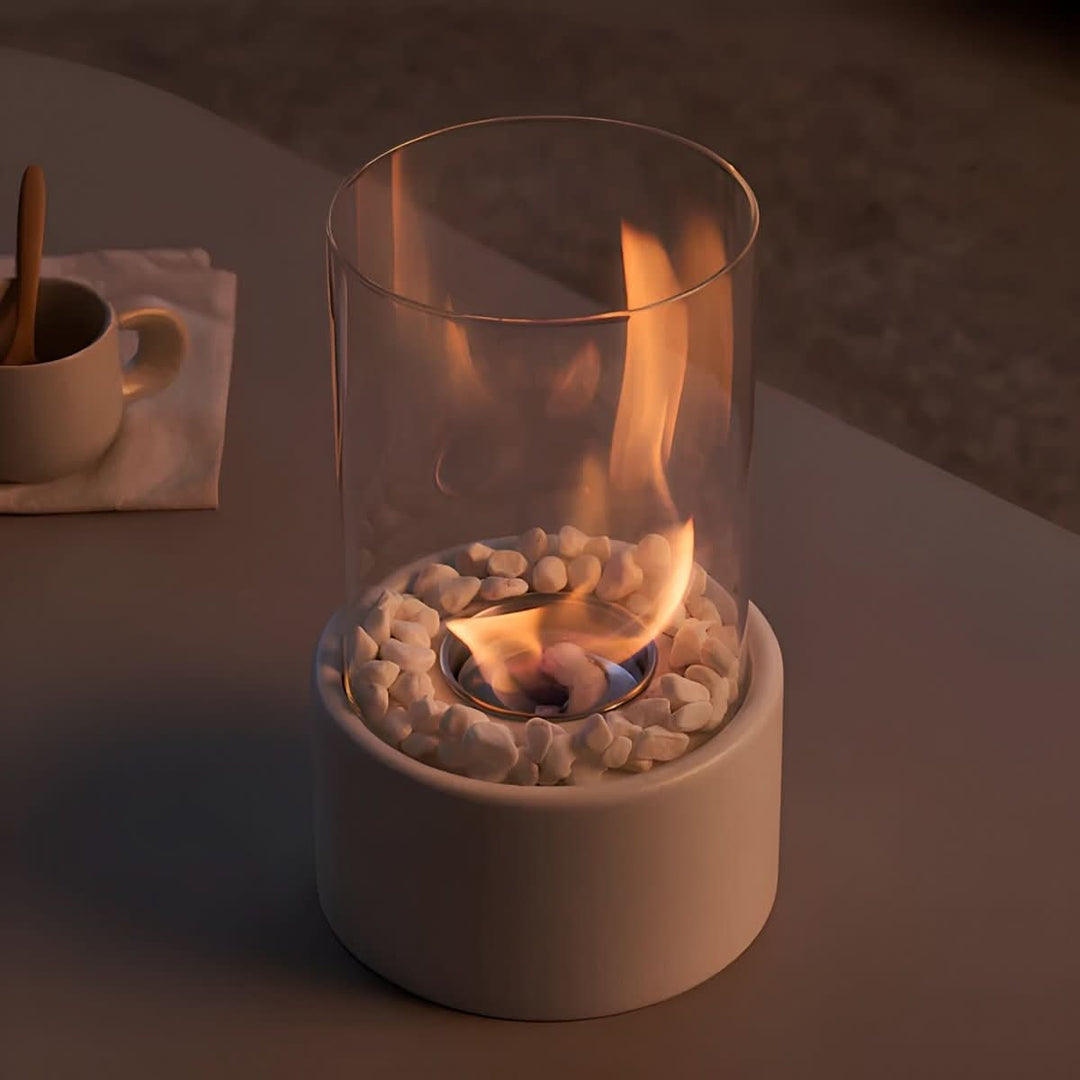 Elegant black smokeless tabletop bioethanol fireplace, a portable fire for modern home & outdoor decor.