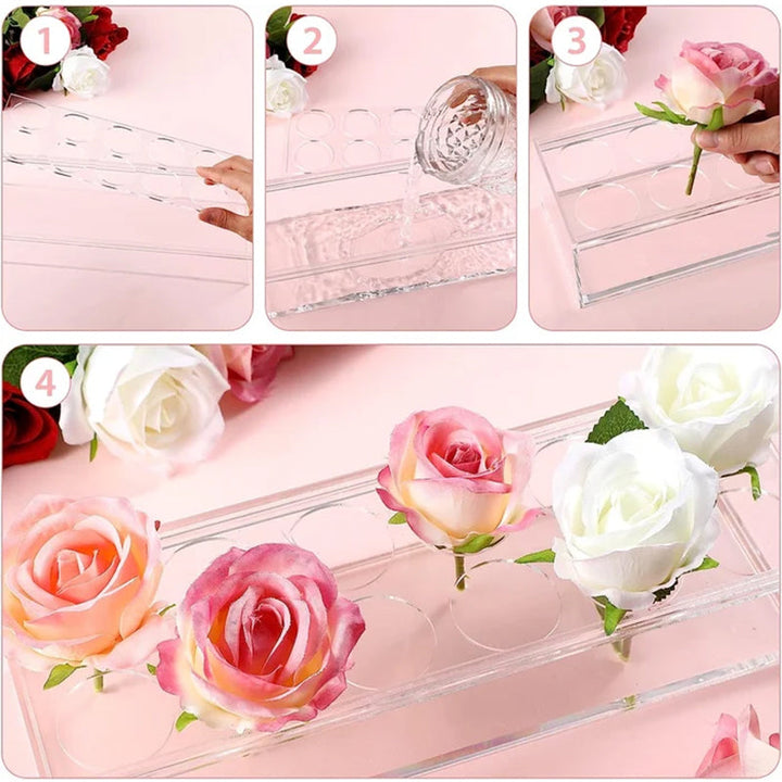 Vertical shot of a tall clear acrylic flower vase, suitable for grand floral displays and event decor.