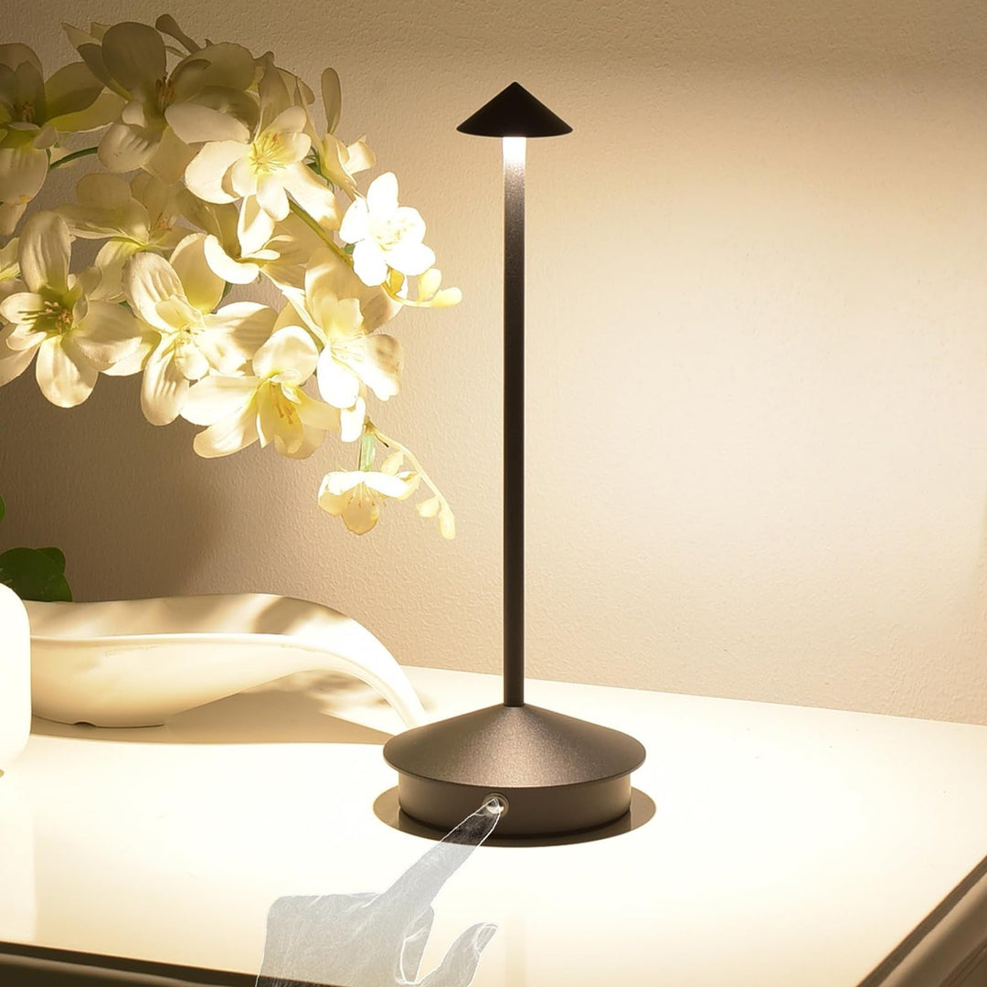 Dimmable LED desk lamp with touch control, 3 color modes, modern aesthetic, cordless for reading.
