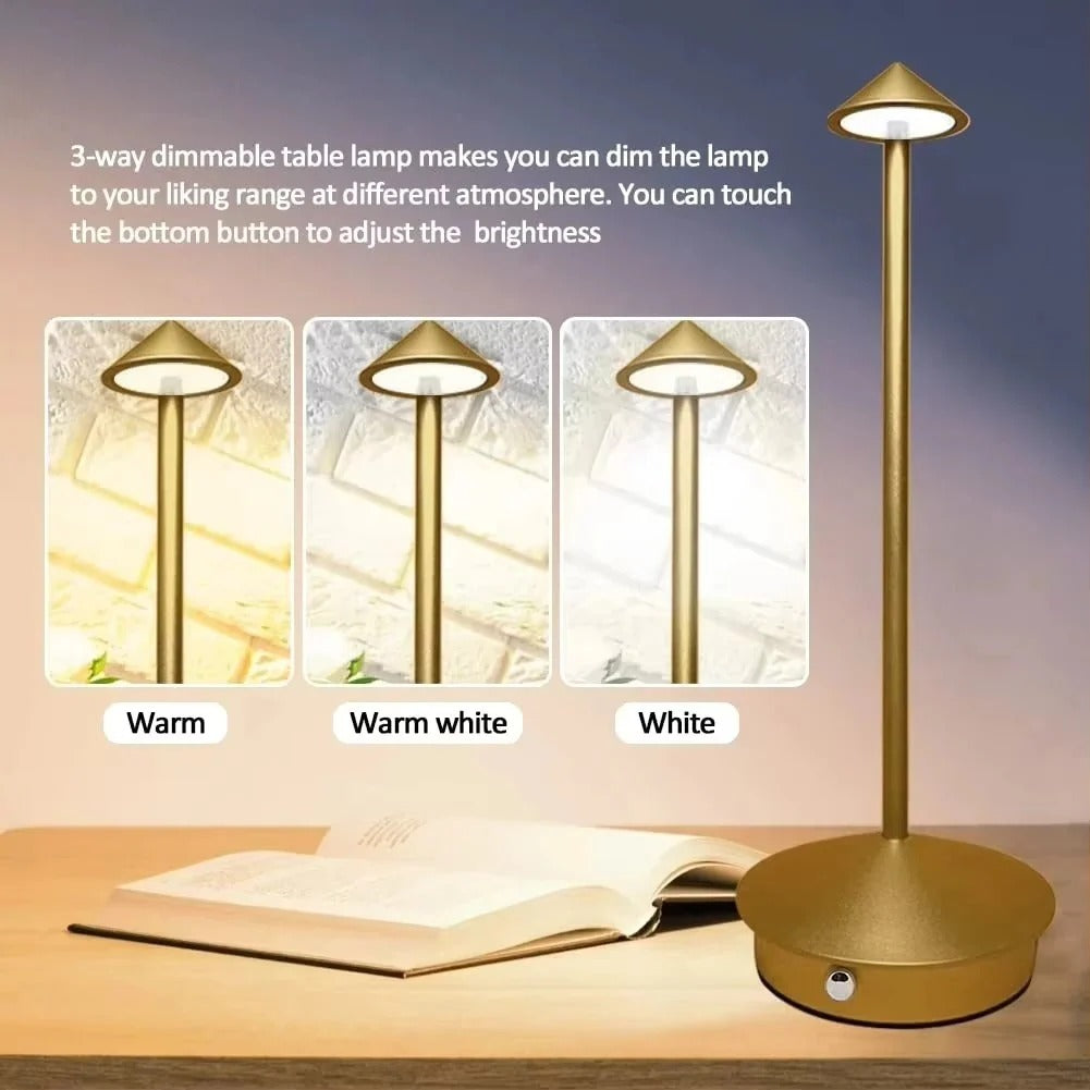 Rechargeable cordless LED desk lamp, touch control dimming, modern design for flexible placement.