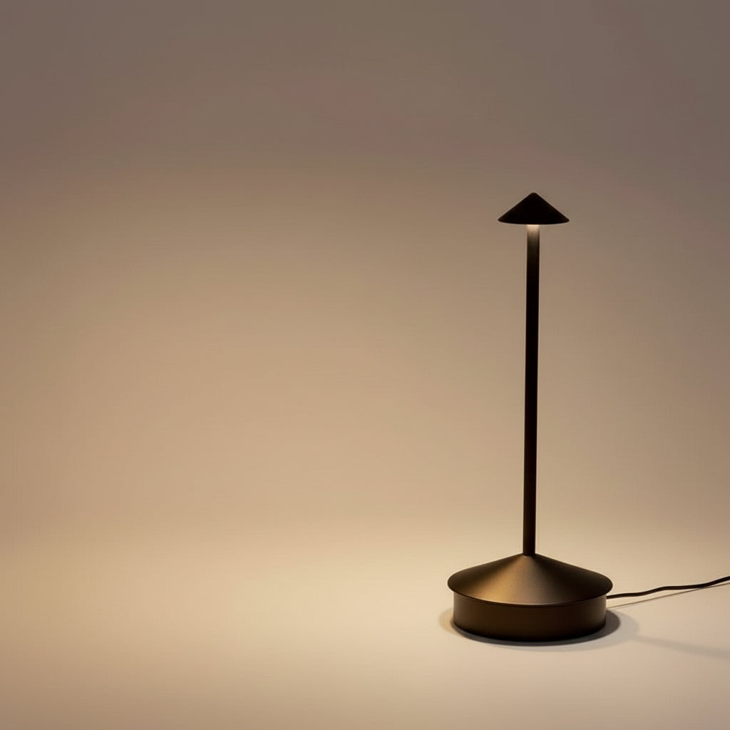 Contemporary rechargeable LED desk lamp, dimmable & touch control. Cordless for sleek, portable task lighting.