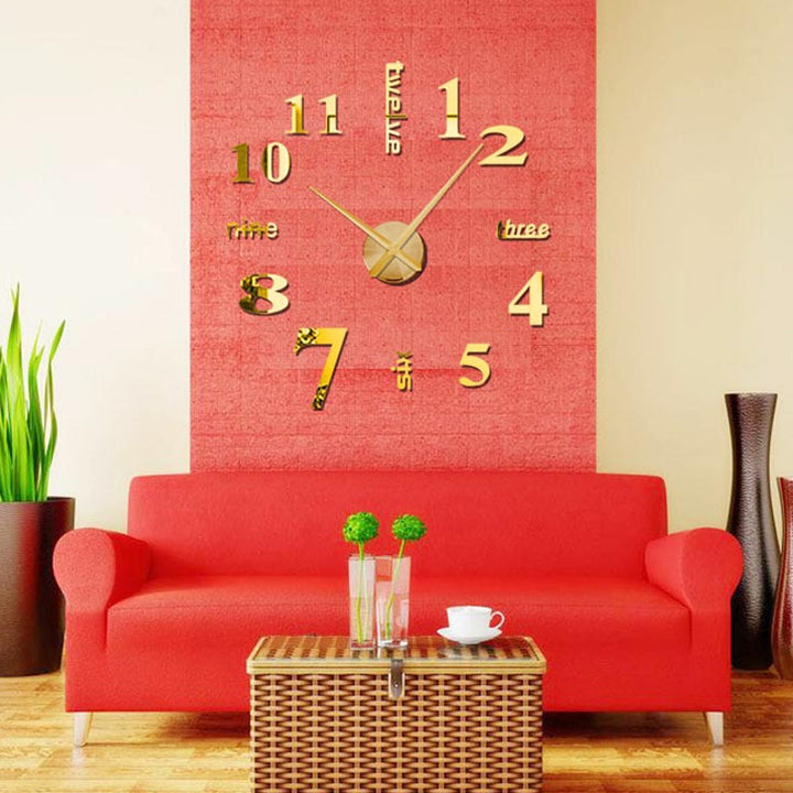 DIY frameless wall clock kit with individual numbers and clock mechanism laid out