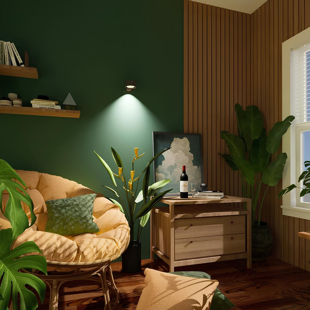 Wireless rechargeable LED lamp, a magnetic wall light for modern bedroom lighting. LumoFlex design.