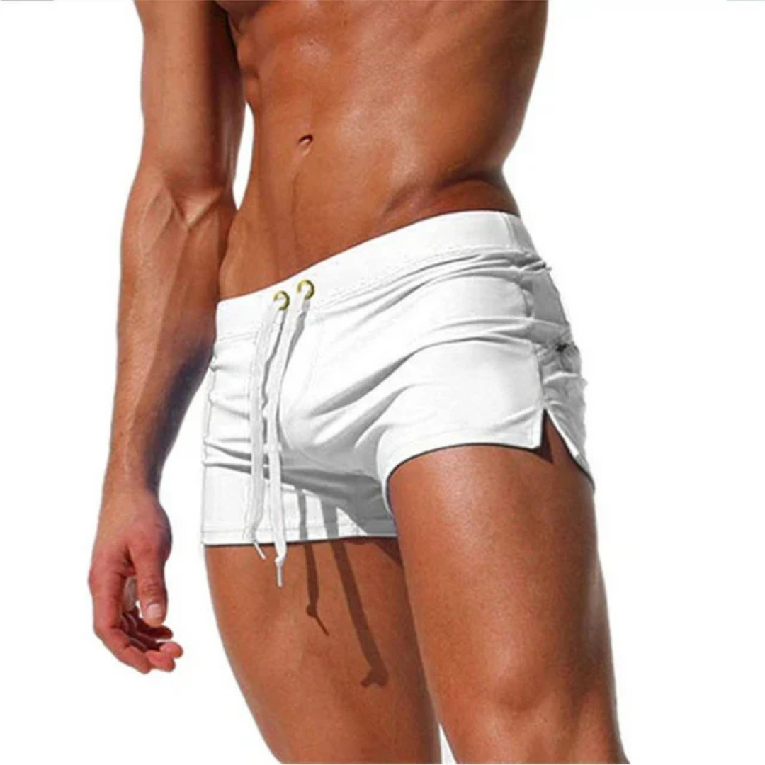 Modern men's square cut swim trunks, comfortable fit for beach & pool wear, summer fashion.