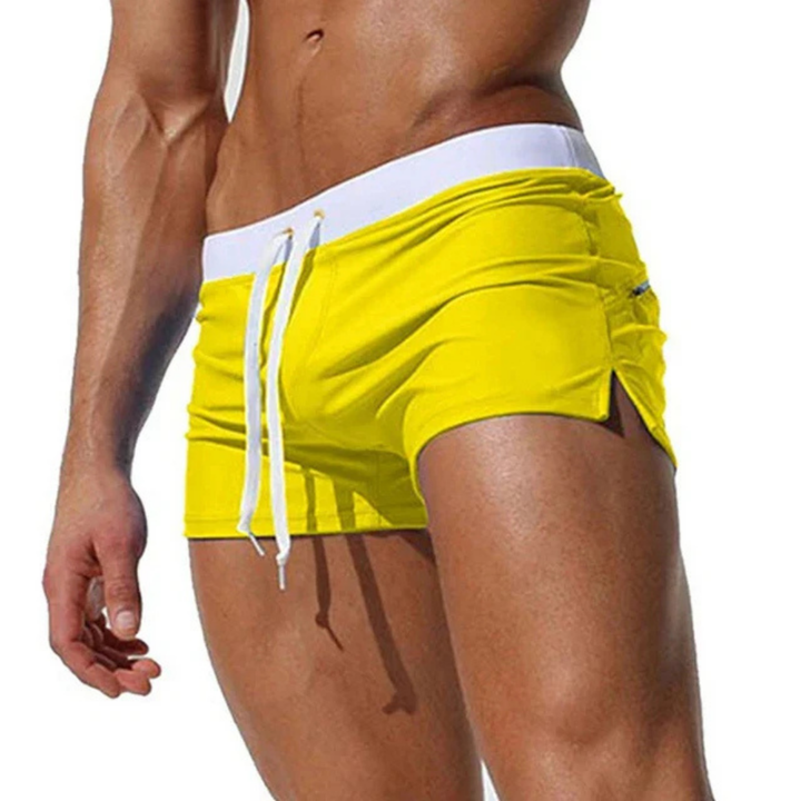 Men's square cut swim trunks for swimming, beach, or pool with a comfy drawstring waist.