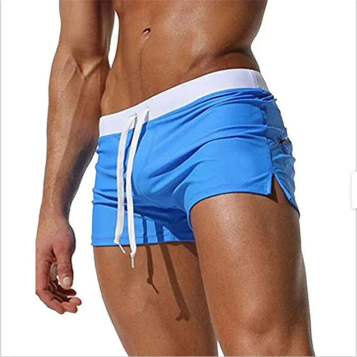 Sleek men's square cut swim trunks, modern style for your summer fashion and active wear.