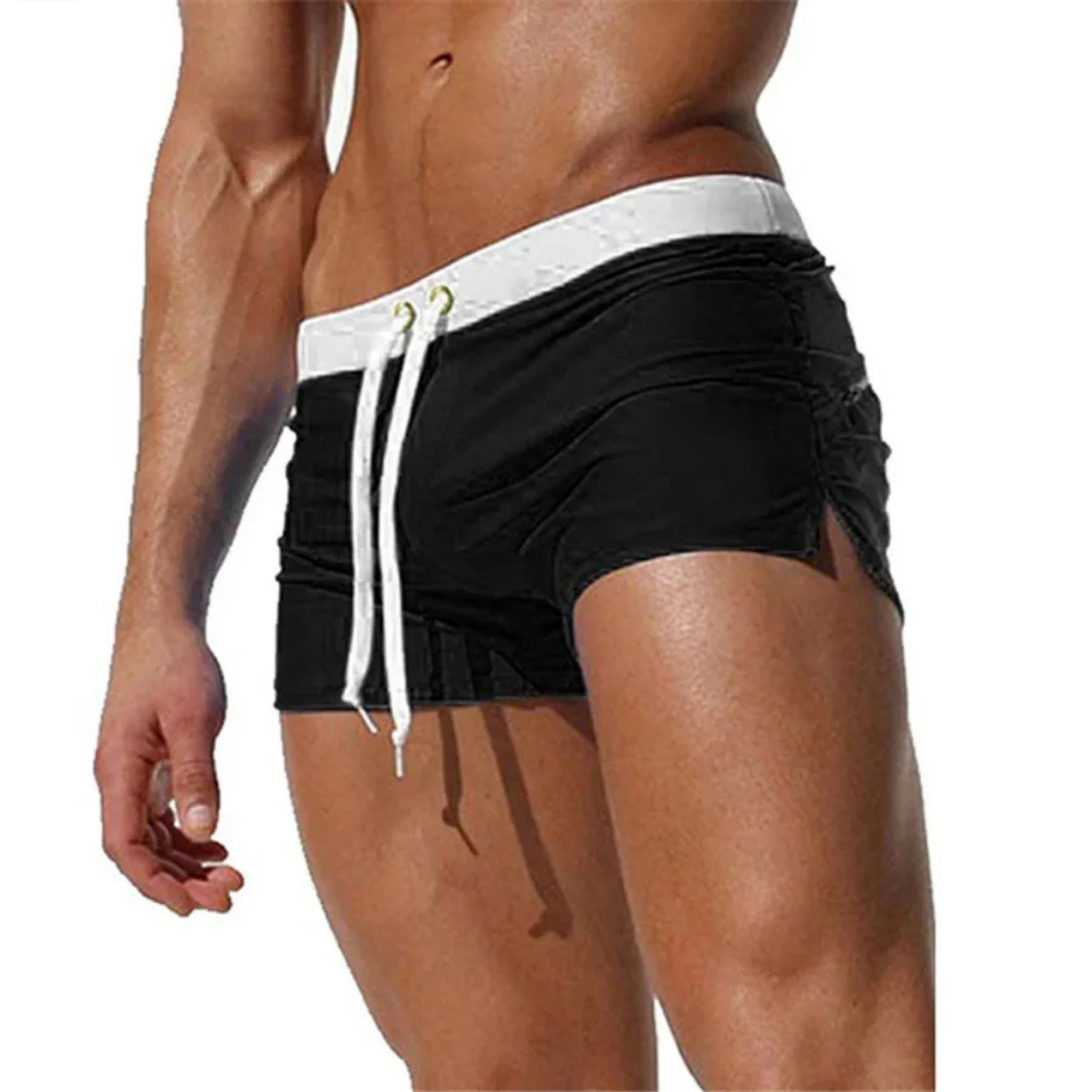 Men's square cut swim trunks with an adjustable drawstring waist for a comfortable, secure fit.