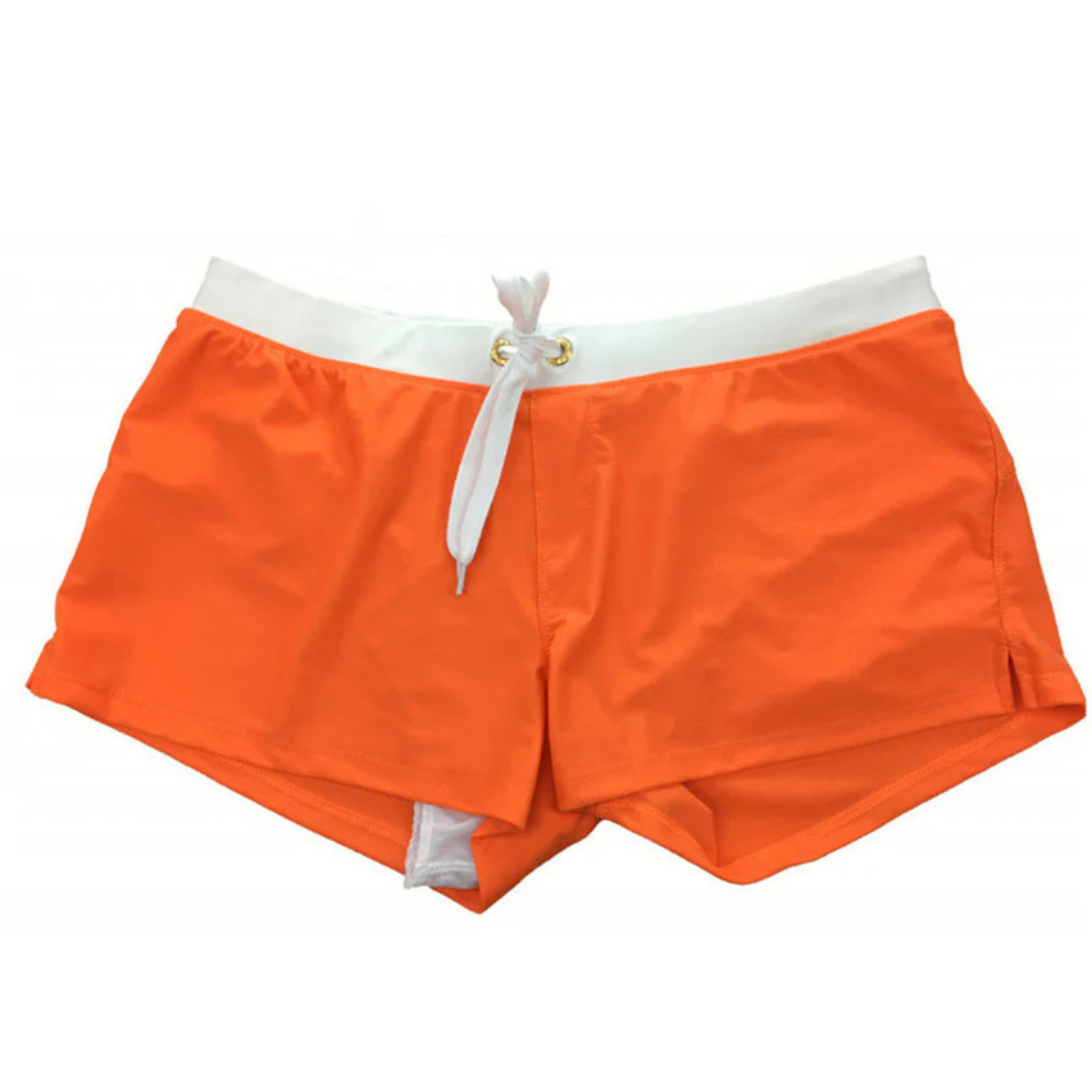 Vacation-ready men's square cut swim trunks, quick-dry fabric, ideal for beach and pool.