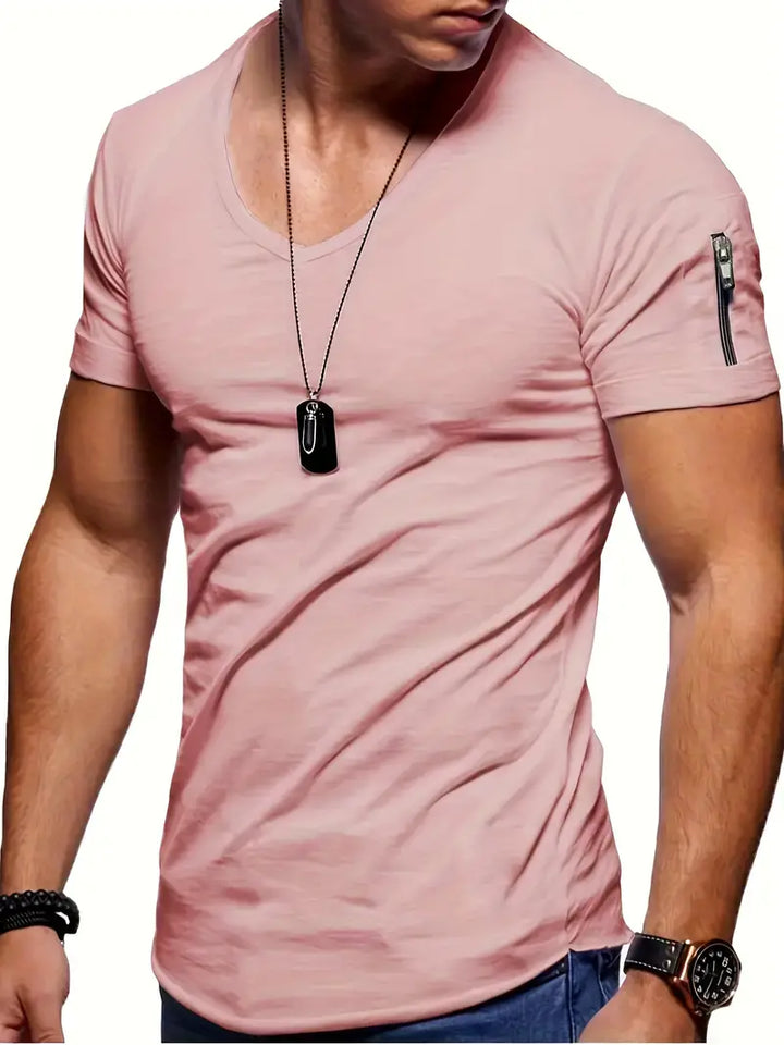 Everyday men's V-neck tee. Comfortable summer shirt with a secure zipper pocket. Modern casual fashion.