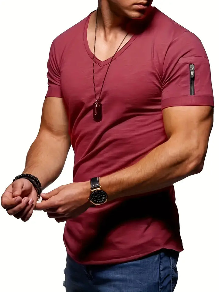 Close-up of men's V-neck tee showing zipper pocket. Modern style, comfortable fabric, perfect for summer.