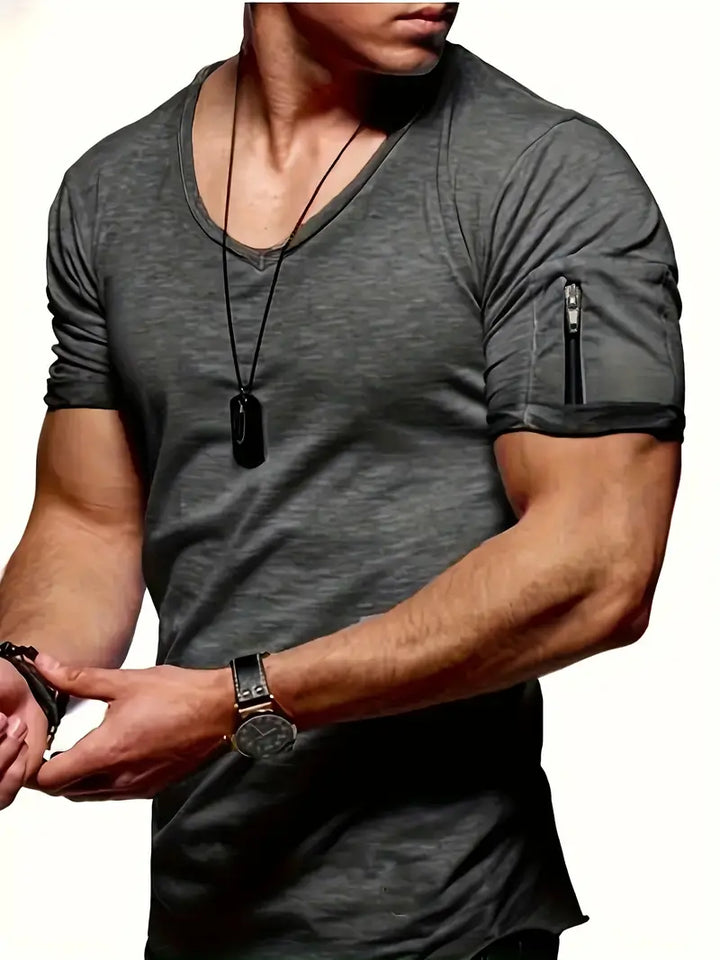 Front view: Men's V-neck tee. Modern design, athletic fit, practical zipper pocket. Ideal summer casual shirt.