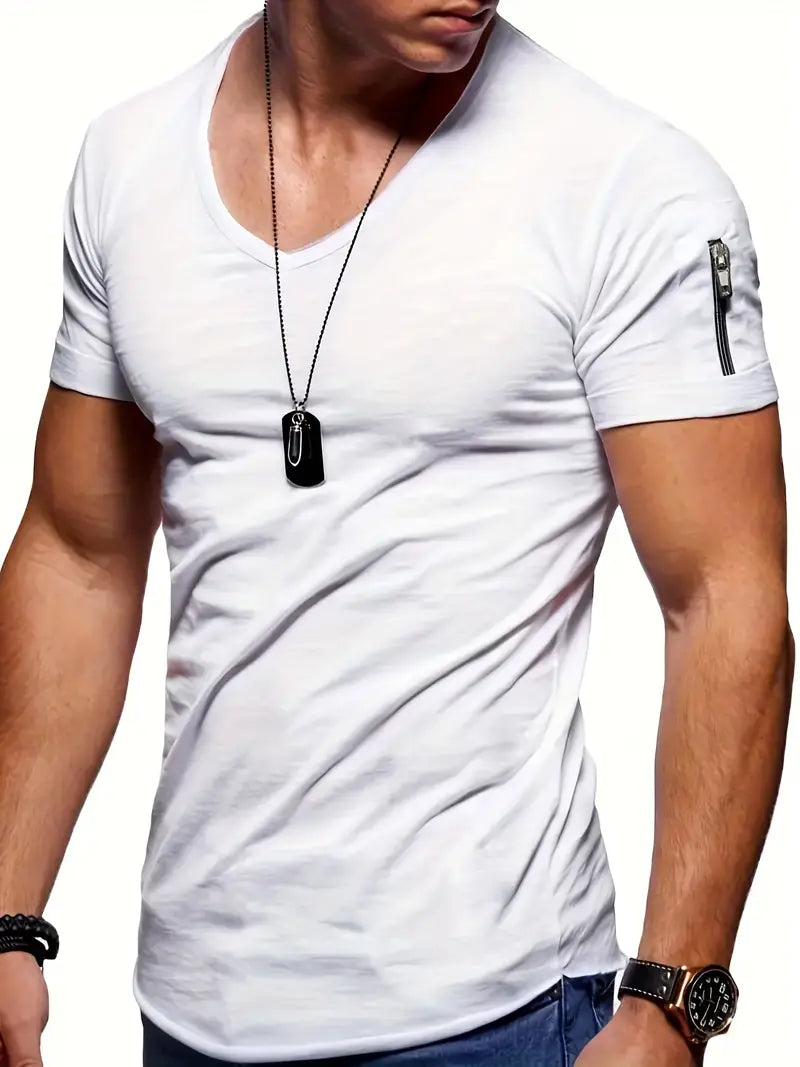Men's modern V-neck tee with stylish zipper pocket. Comfortable summer shirt, perfect for casual fashion.