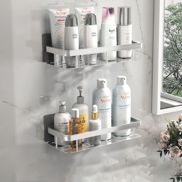 Durable suction cup shelf for toiletries, declutter your modern bathroom.