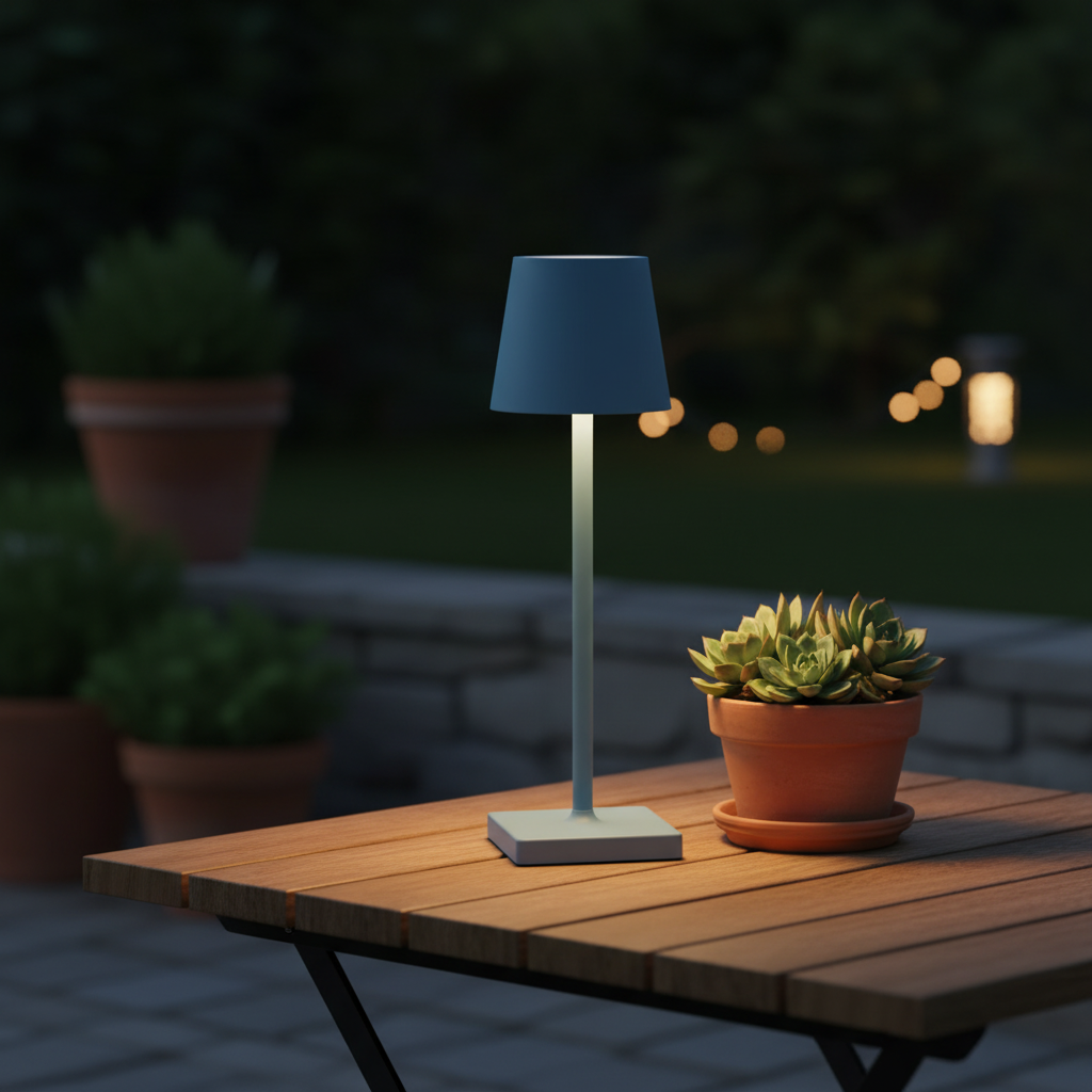 Modern wireless LED table lamp, dimmable, perfect for indoor & outdoor ambient lighting. Rechargeable.