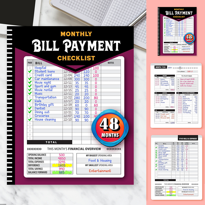 Monthly Budget Planner & Bill Payment Organizer Book in navy blue, open to a monthly spread.